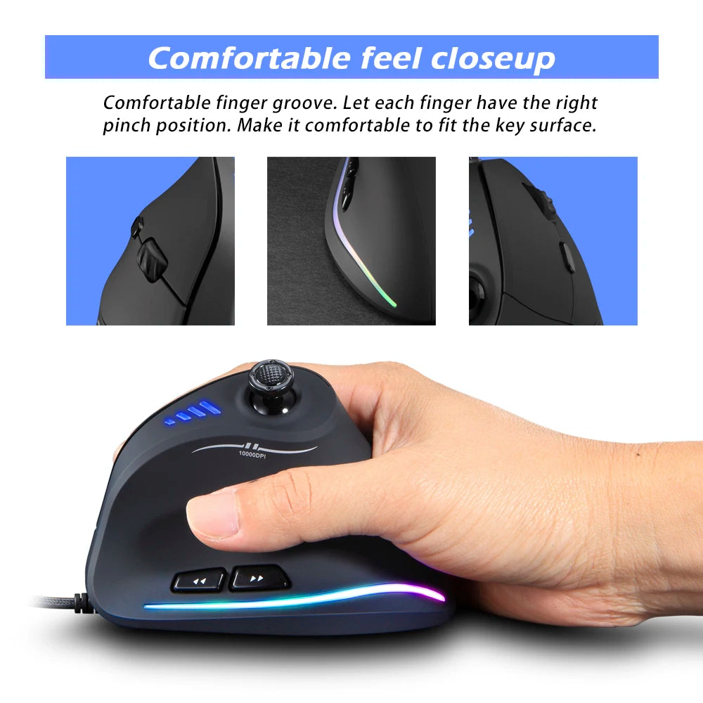Mouse da gaming cablato Zelotes C-18, 11 pulsanti programmabili, motore laser 10000DPI, fascia luminosa RGB, 128KB, mouse verticale per laptop e PC