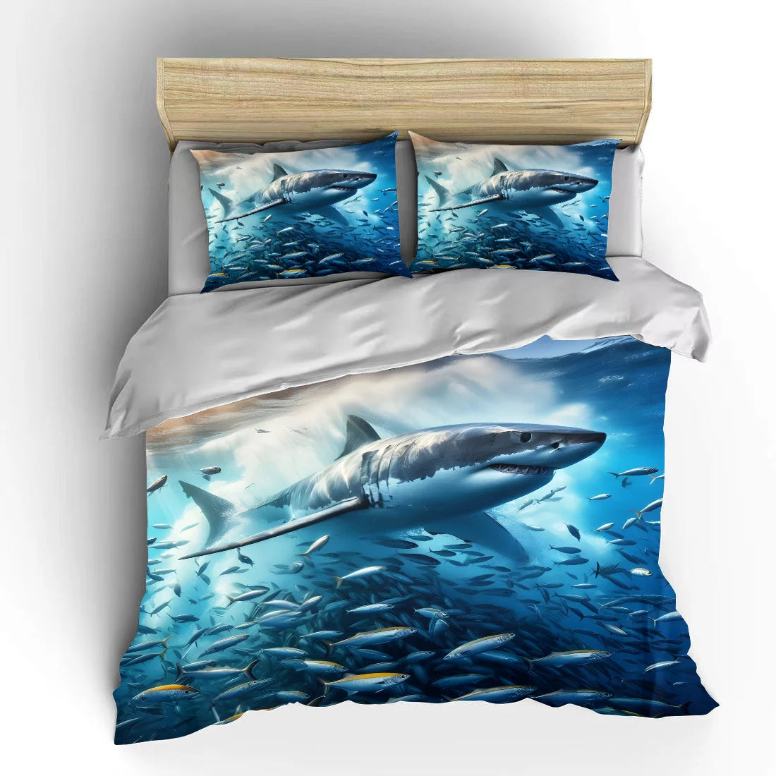 Shark swimming through fish swarm Print Soft Comfortable Duvet Cover Bedding Set Included 1*Duvet Cover 2*Pillowcases