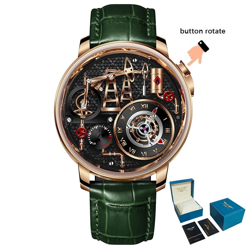 Reloj de cuarzo PINDU NEW TOP con bomba de aceite de botón para hombre de negocios, 45.5MM, cristal de zafiro, resistente al agua, correa de cuero para hombre