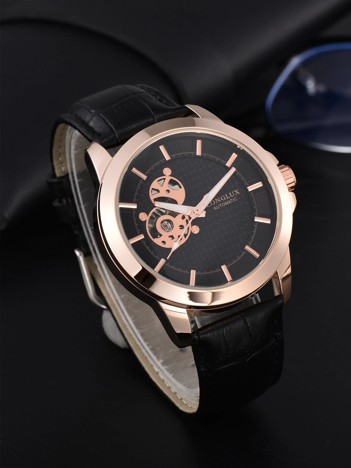 Automatic Watch Minimalist Elegant Everyday Skeleton Waterproof Mechanical Watches Rose Gold Leather Mens Watch Men Gift for Him