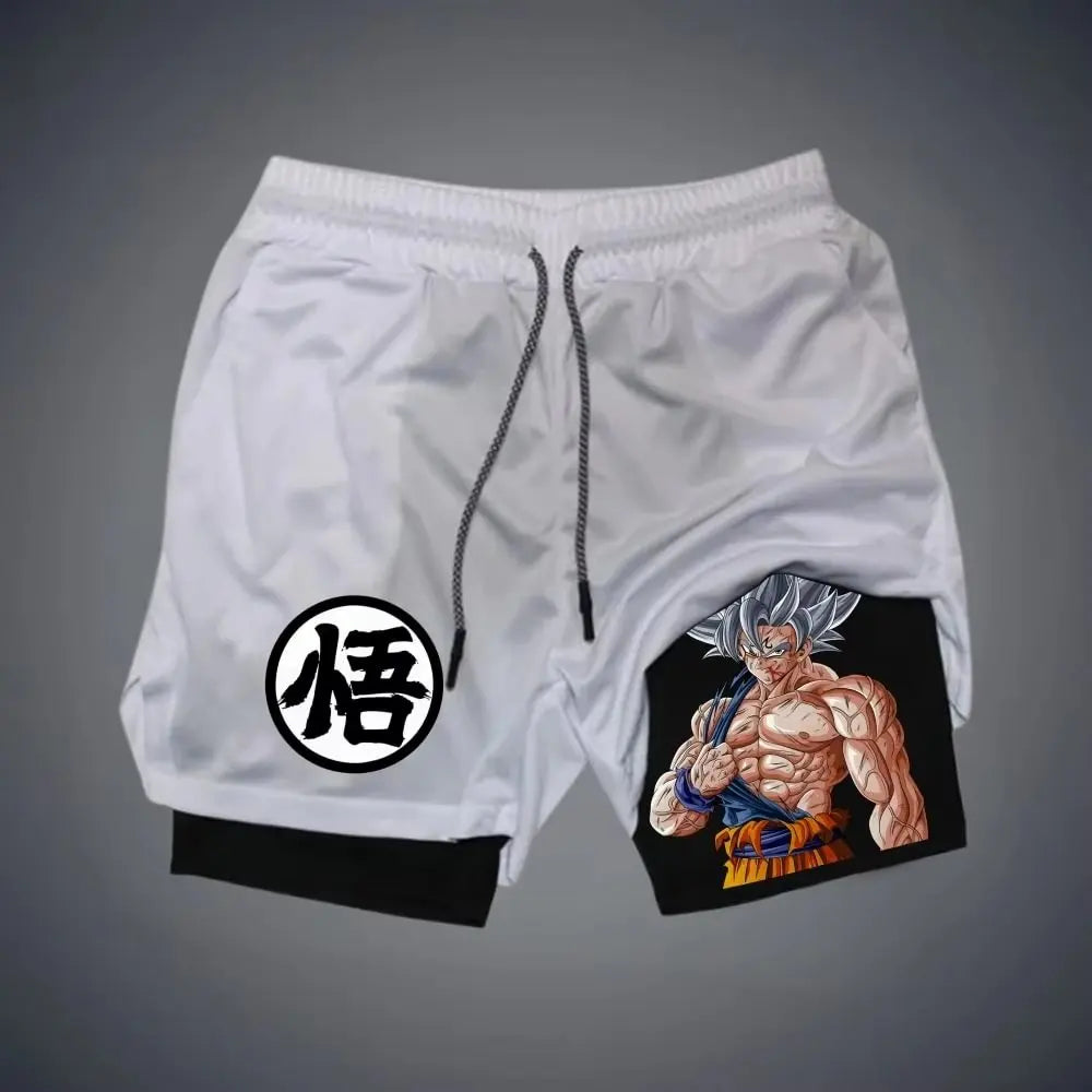 2026 Summer Dragon Ball Super Goku Ultra Instinct Retro Gym Men's Double Layer 2-in-1 Shorts Oversized Print Fitness Streetwear