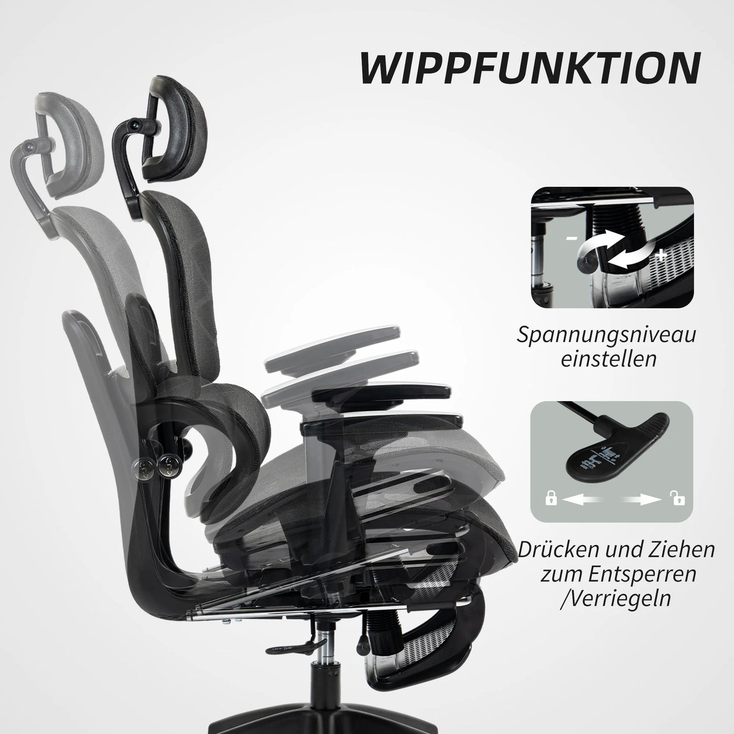 Silla de oficina ergonómica negra de malla, soporte lumbar, reclinable con reposapiés, altura ajustable