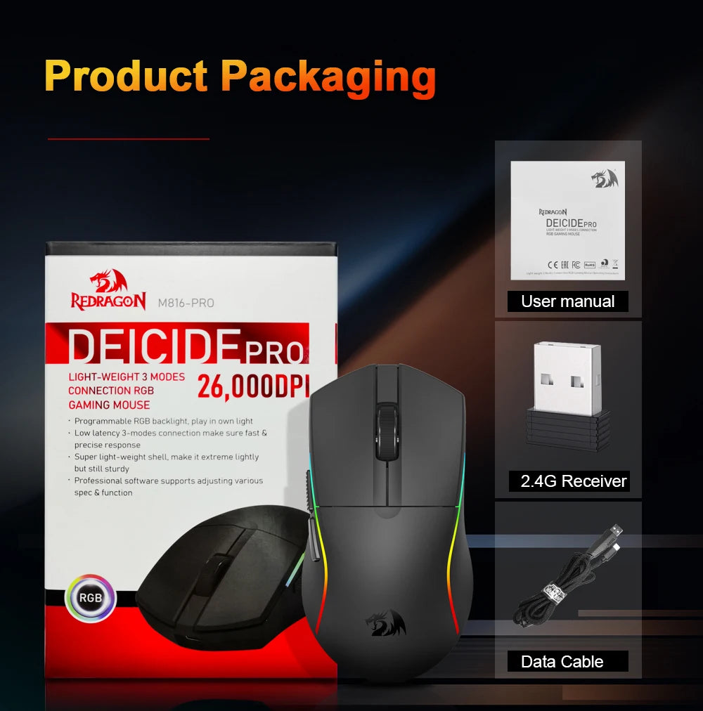 REDRAGON DEICIDE M816 PRO RGB USB gaming miš s podrškom za Bluetooth i 2.4G bežično povezivanje, 26000 DPI, 6 tipki, za gamere, žičani miš za računalo