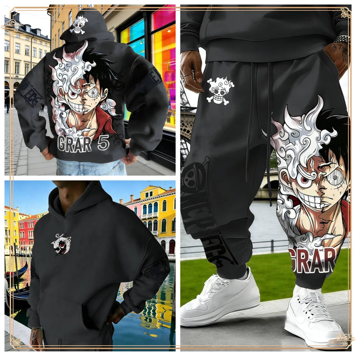 One Piece Luffy Gear 5 Hoodie Pants Set Red Cotton Tracksuit with Character Print on Hoodie Front Pant Side Loose Fit Two Piece