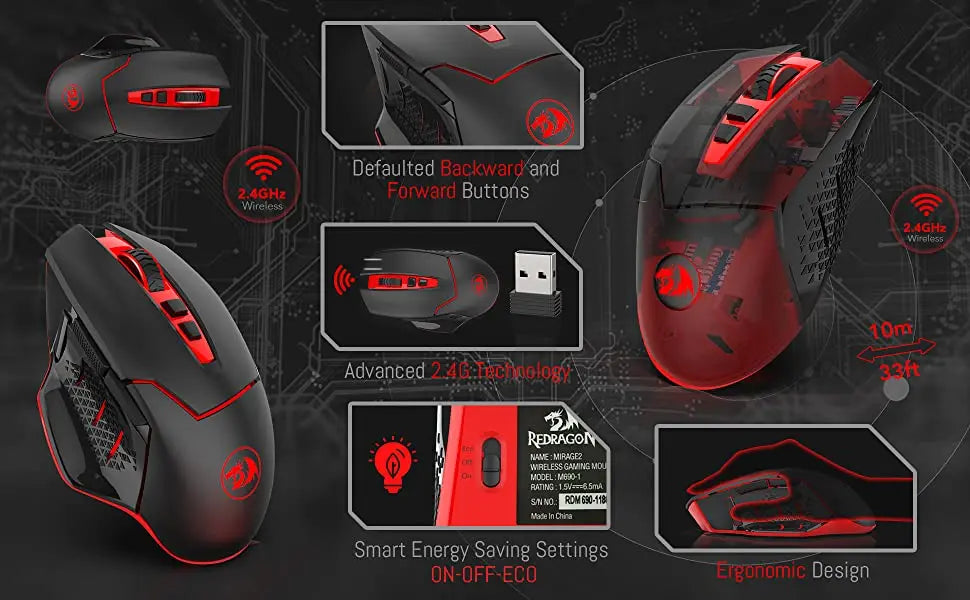 Rato Gaming Sem Fios Redragon M690-1 2.4Ghz com Mudança de DPI, 2 Botões Laterais, 2400 DPI, Design Ergonómico, 8 Botões - Preto