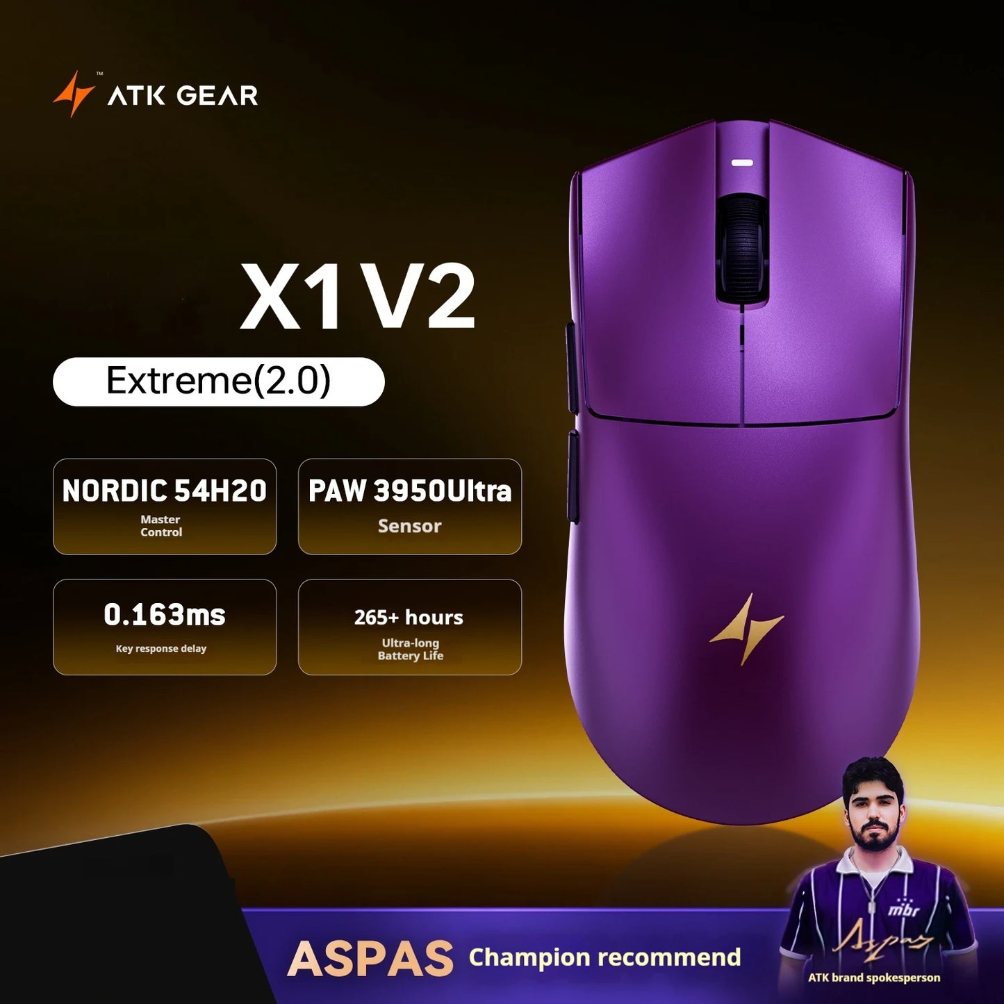 ATK X1 V2 Ultimate 2.0 Wireless Gaming Mouse PAW3950 Sensor, 54g Ultra Lightweight, 8K Polling Rate, Low Latency Wireless Gaming Mouse for PC & Mac