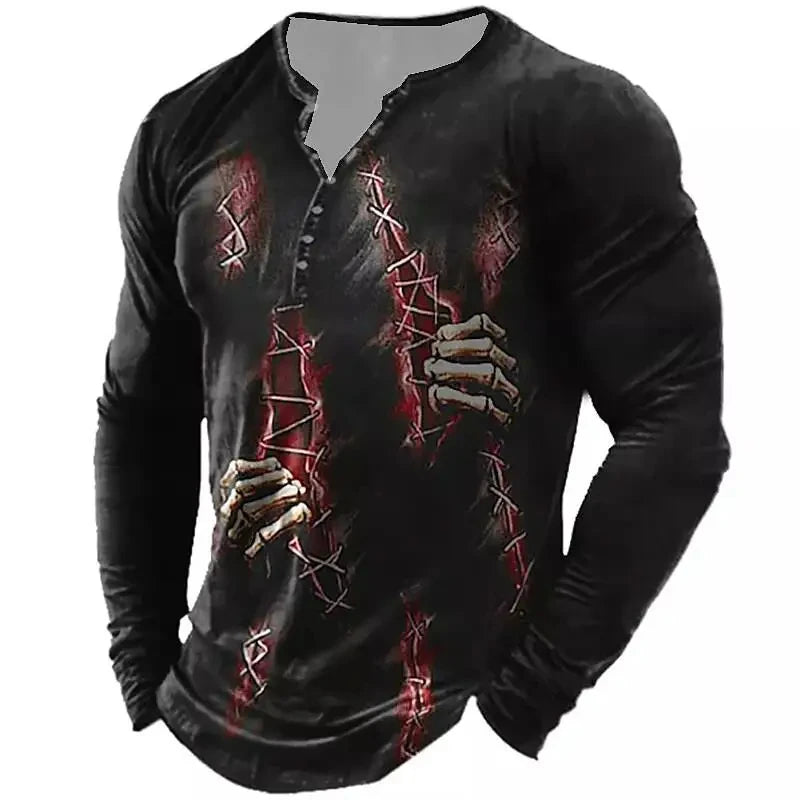 Autumn Skull Henley Shirt 3D Print Streetwear Men's Fashion Vintage Long Sleeve Button T Shirt Men's T Shirt Tops Clothing