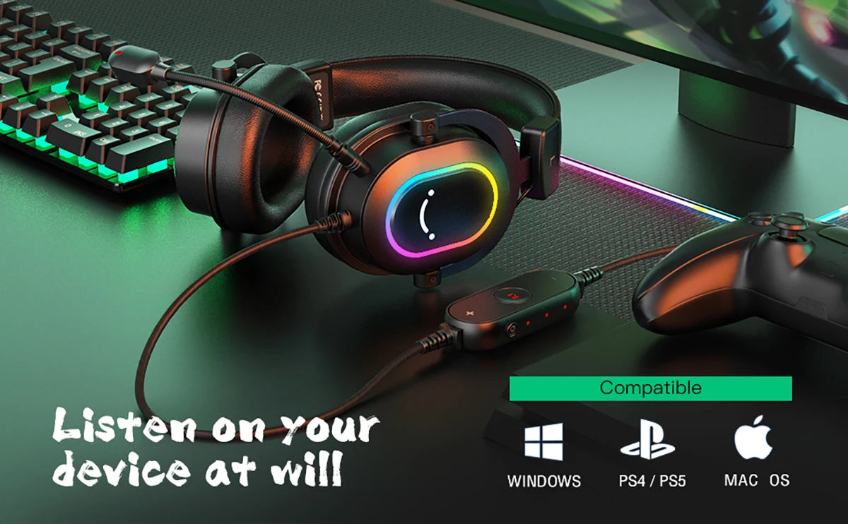 FIFINE RGB-Gaming-Headset mit Mikrofon – kabelgebundene USB-Over-Ear-Kopfhörer mit 7.1-Surround-Sound für PC, PS4, PS5, mit EQ-Modi & Geräuschisolierung