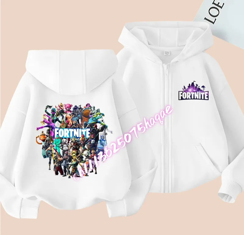 Casacos com capuz e fecho para criança Fortnites, sweatshirts Anime Fortress Night, sweatshirts gaming de primavera/outono, roupa desportiva infantil, presente