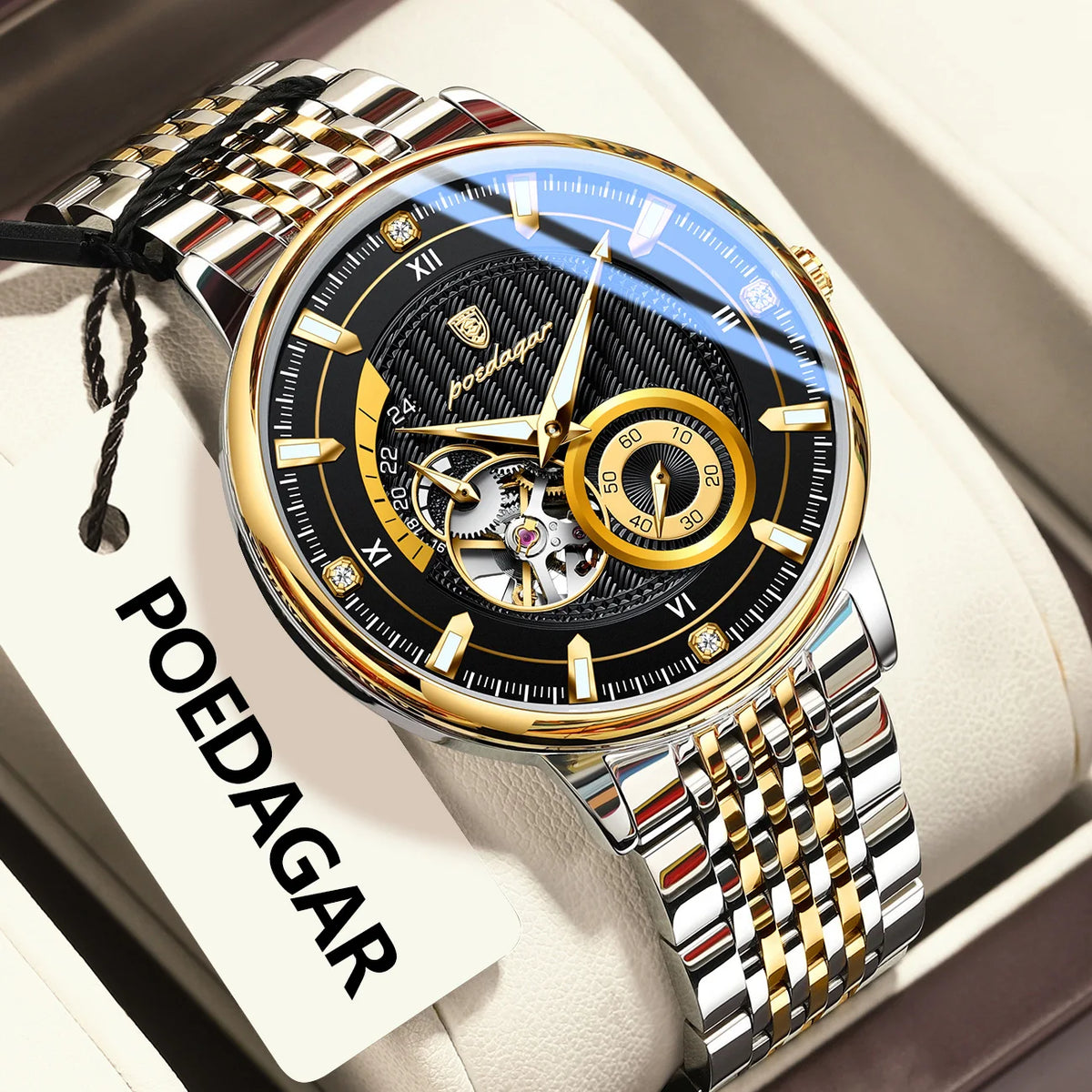 POEDAGAR Top Luxury Man Wristwatch Luminous Hollow Tourbillon Stainless Steel Men Clock Mechanical Automatic Men's Watches Reloj