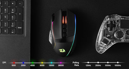 Ratón gaming inalámbrico Redragon M991, 26000 DPI, 3 modos, 9 botones macro, retroiluminación RGB, negro