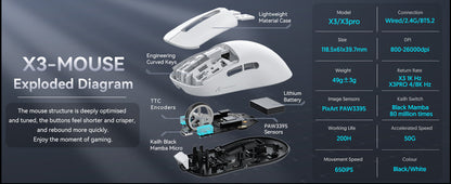 ATTACK SHARK X3 Wireless Gaming Mouse PixArt PAW3395 49g SUPERLIGHT, BT/2.4G Wireless/Wired, 6 Adjustable DPI up to 26000