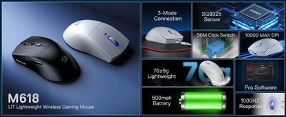 Redragon M618 LIT Wireless Gaming Mouse, 10000 DPI Optical Ergonomic Mouse with 6 Programmable Buttons