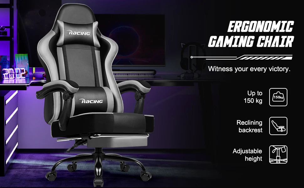 Portreen Gaming chair with footrest, ergonomic gaming chair, gaming armchair with adjustable lumbar cushion and headrest, height-adjustable swivel, rocking function up to 170°, gaming chair for up to 150 kg, black, perfect f