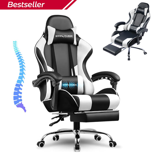 GTPLAYER Gaming Chair with Massage Lumbar Cushion & Footrest, Ergonomic Office Chair with Padded Seat, Swivel Chair up to 150 kg
