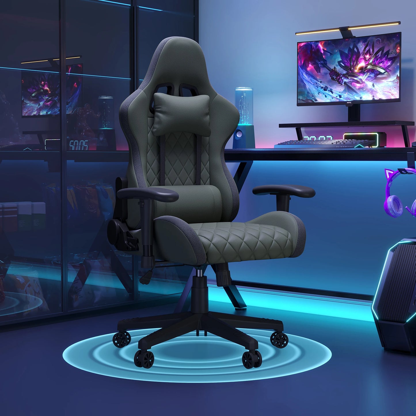 Superaly 72x58.5x125-133cm Ergonomic Gaming Chair RGB Light,Gamer Chair,PU Leather Office Chair with Headrest & Lumbar Cushion