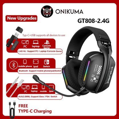 Onikuma GT808 Kabelloses Gaming-Headset RGB – Bluetooth 5.3, 2.4GHz & 3.5mm Gaming-Kopfhörer mit Mikrofon
