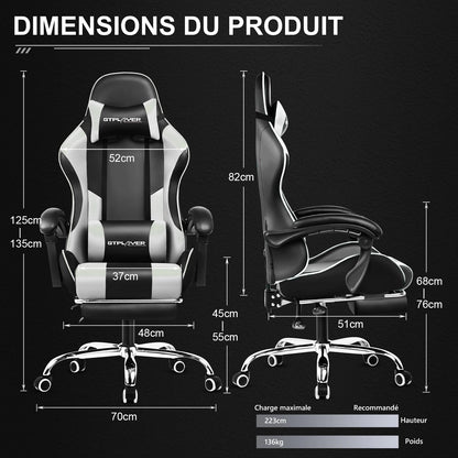 GTPLAYER Gaming chair with massage Lumin cushion & footrest, Ergonomic office chair with padded seat, swivel chair up to 150 kg
