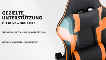 Black & Orange Gaming Chair, Ergonomic PU Leather Computer Chair with Footrest, Adjustable Swivel Office Chair with Lumbar Support & Headrest, Breathable High-Back Chair for Gaming & Work
