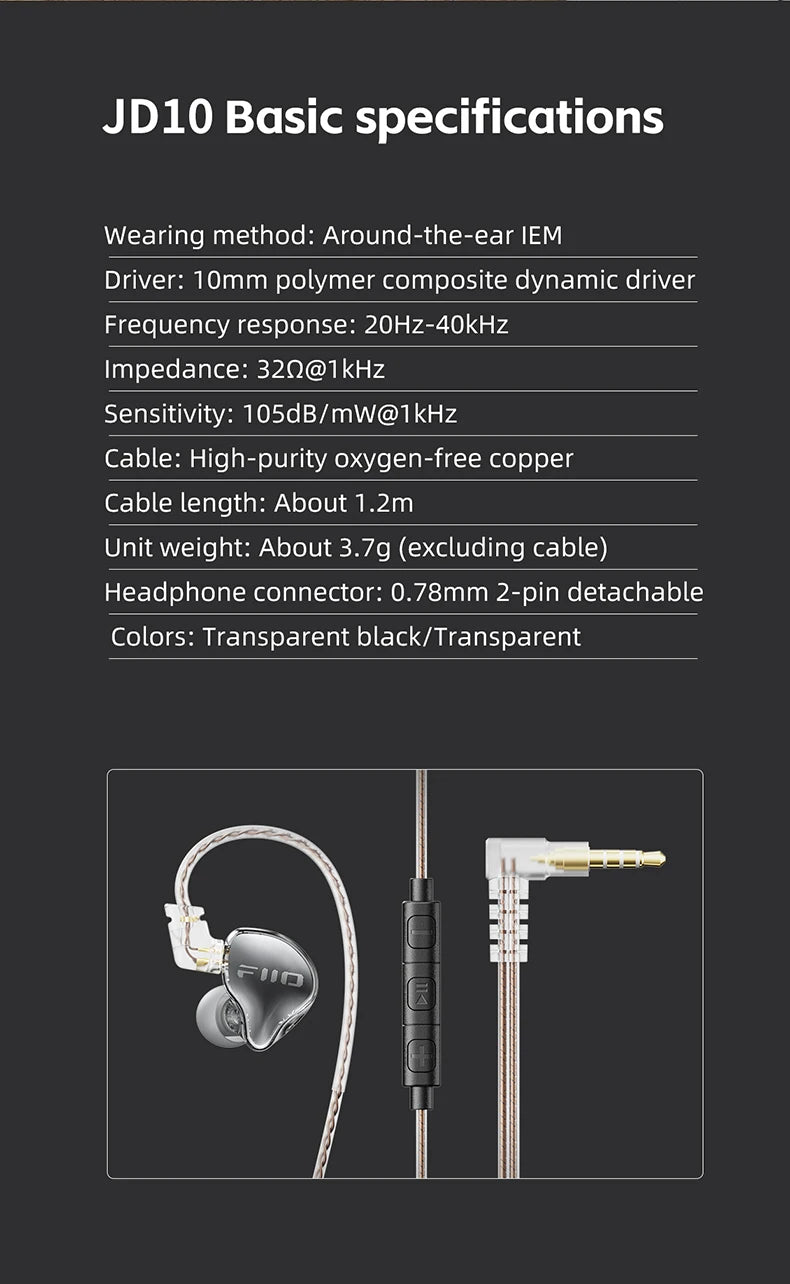 FiiO JD10 3.5mm / Type-C Wired In-Ear Earphone Hi-Res Audio HIFI Bass Stereo Music Earbuds Sport Gaming Headset