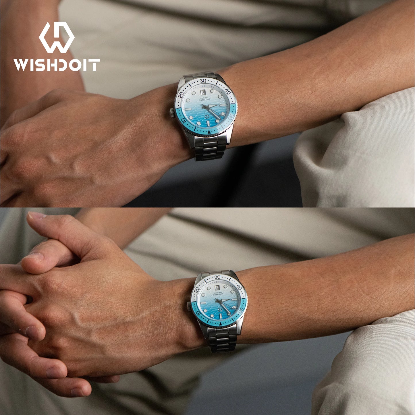 Relógio de Mergulho Automático WISHDOIT para Homem com Mostrador Azul-Oceano e Branco Ondulado, Movimento 8215 e Vidro Safira