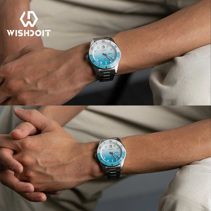 Relógio de Mergulho Automático WISHDOIT para Homem com Mostrador Azul-Oceano e Branco Ondulado, Movimento 8215 e Vidro Safira