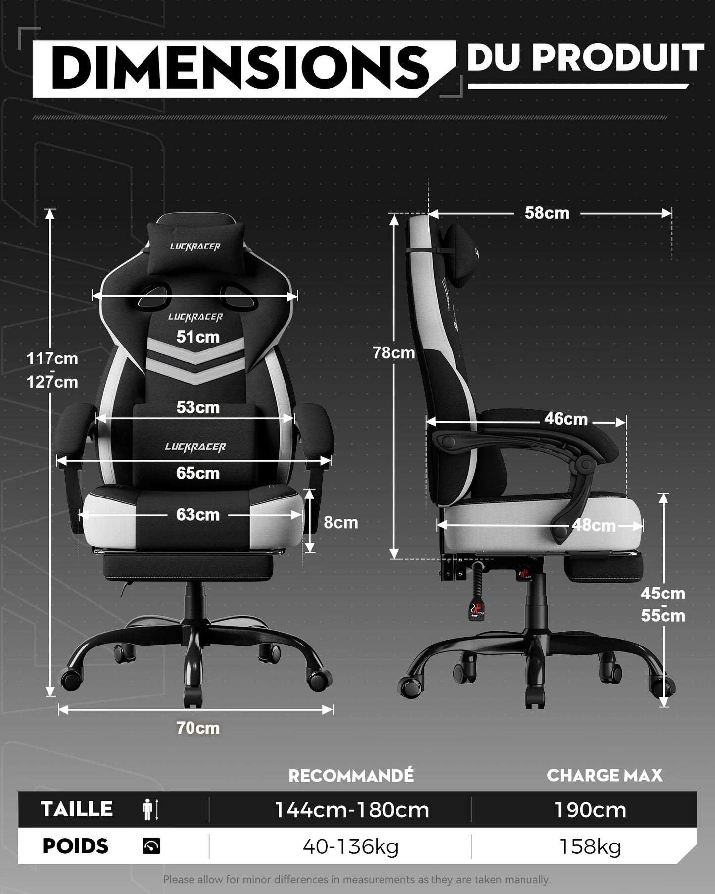 LUCK RACER Gaming chair, Connected Armrests Office Chair, Memory Foam Cushion, 90-155 ° Incline Angle and Footrest