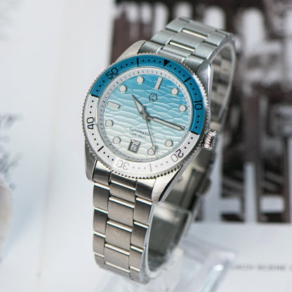 Relógio de Mergulho Automático WISHDOIT para Homem com Mostrador Azul-Oceano e Branco Ondulado, Movimento 8215 e Vidro Safira