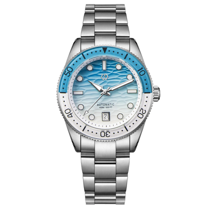 Relógio de Mergulho Automático WISHDOIT para Homem com Mostrador Azul-Oceano e Branco Ondulado, Movimento 8215 e Vidro Safira