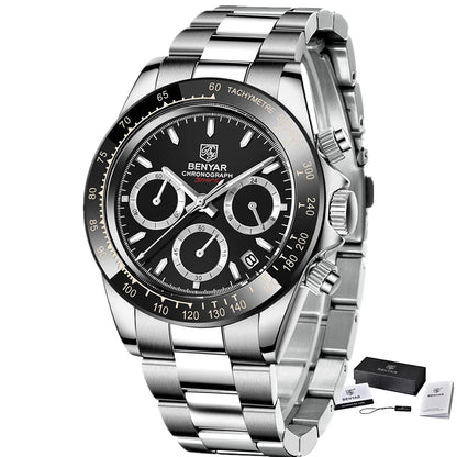 Zegarki męskie BENYAR – luksusowy chronograf, model sportowy, wodoodporny, ze stali nierdzewnej, z mechanizmem kwarcowym