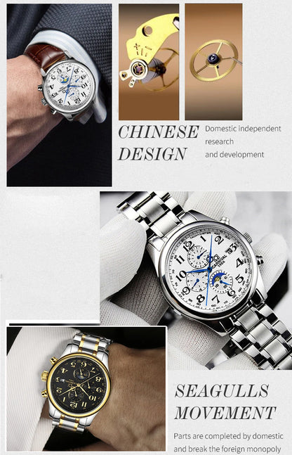 Carnival Brand Automatic Watch, Fashion Luxury Waterproof Calendar with Moon Phase, Mechanical Watches for Men
