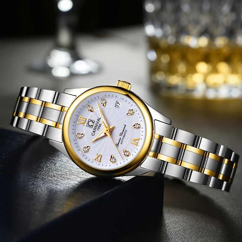 Mechanical ladies’ wristwatch by CARNIVAL – Elegant design, automatic movement, sapphire crystal, water-resistant.