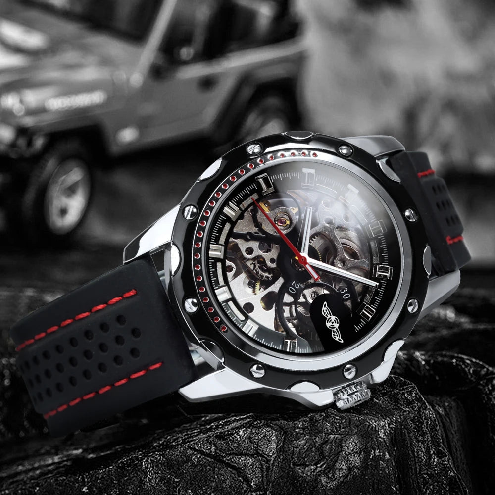 Vyrų automatinis laikrodis „WINNER“ – mechaninis skeletinis modelis, šviečiantys rodyklės, guminė apyrankė, sportiškas ir prabangus stilius, idealiai tinka veiklai lauke