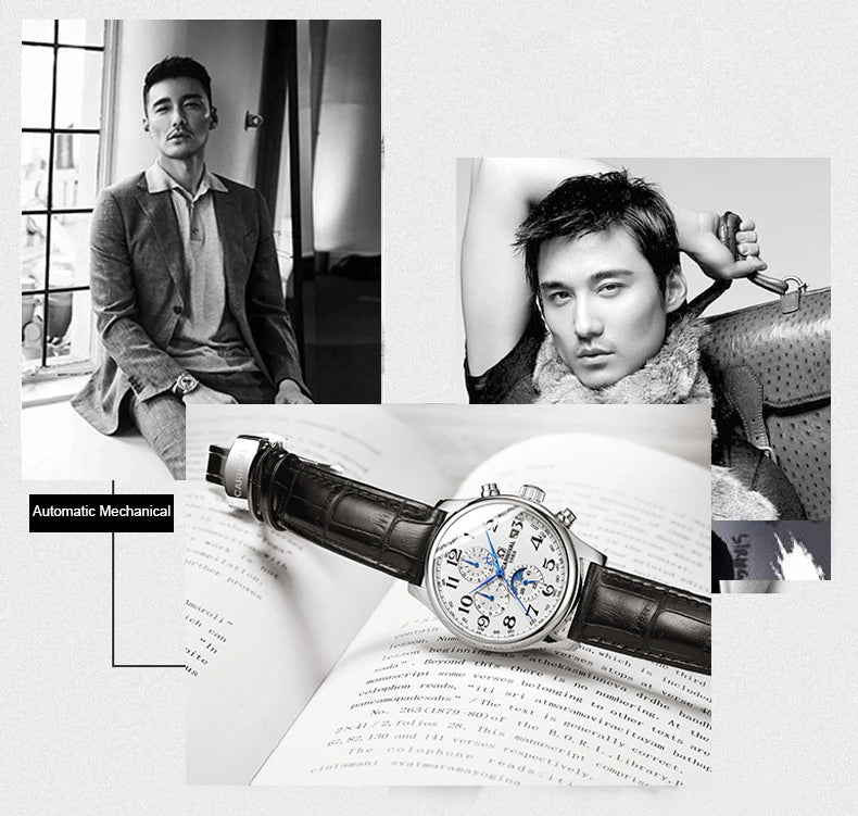 Carnival Brand Automatic Watch, Fashion Luxury Waterproof Calendar with Moon Phase, Mechanical Watches for Men