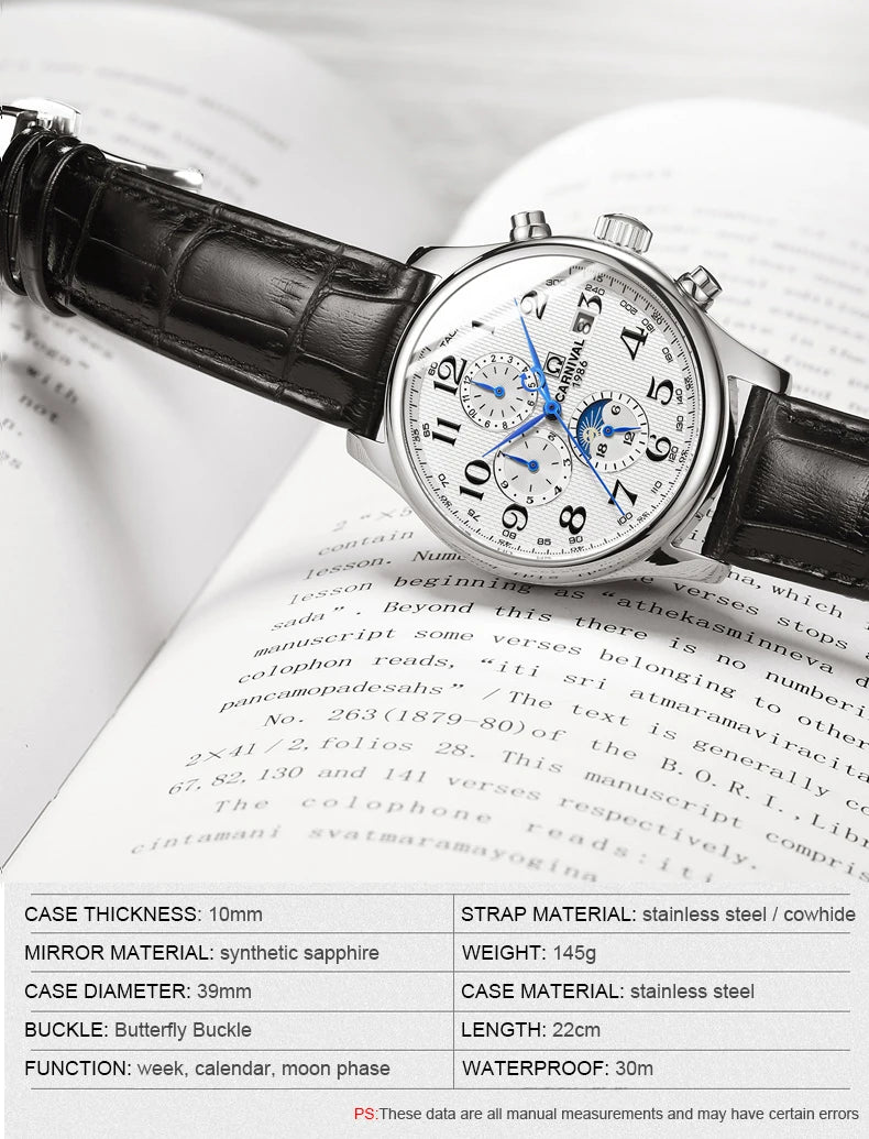 Carnival Brand Automatic Watch, Fashion Luxury Waterproof Calendar with Moon Phase, Mechanical Watches for Men
