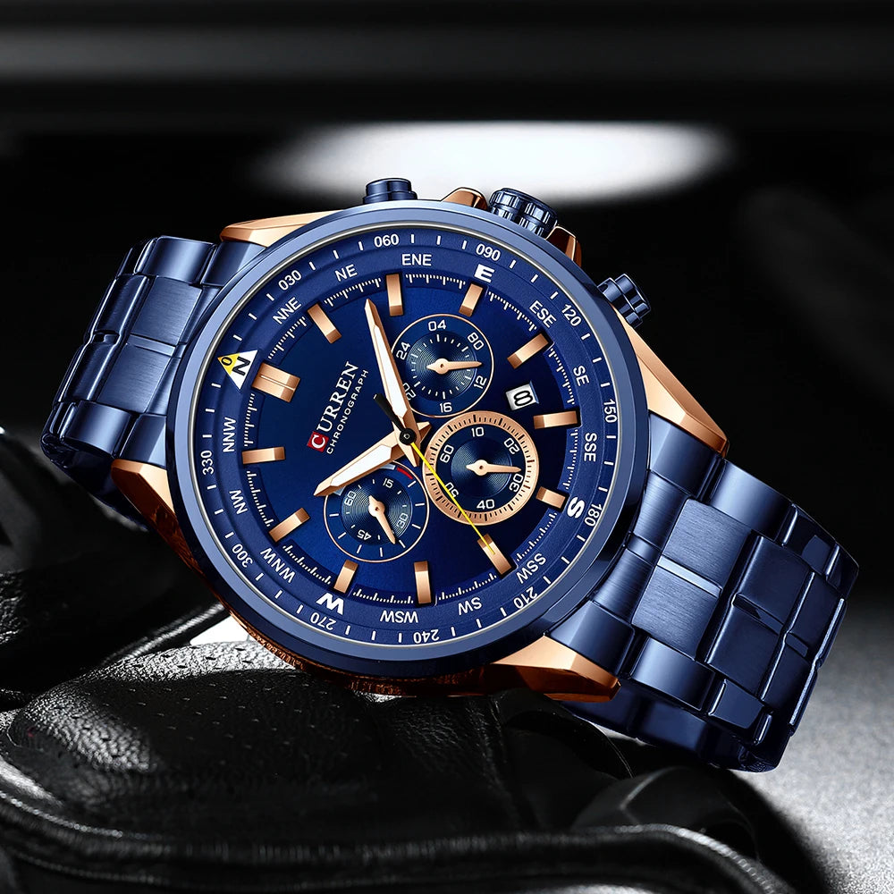 Herrenuhr CURREN – Trendige Uhr einer bekannten Marke, Luxusmodell, wasserdicht, aus Edelstahl, sportlicher Stil, Quarz-Chronograph