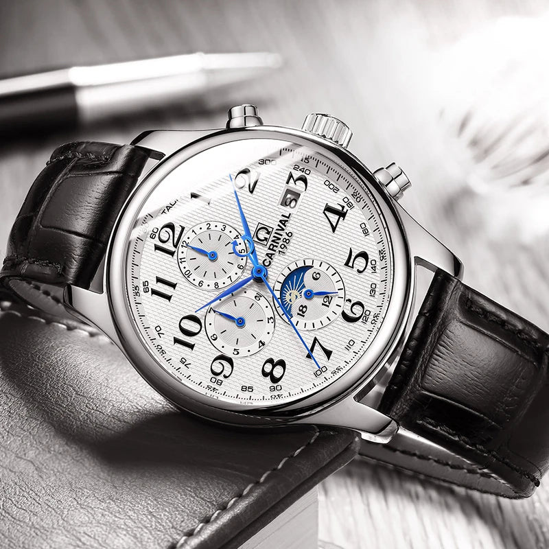 Carnival Brand Automatic Watch, Fashion Luxury Waterproof Calendar with Moon Phase, Mechanical Watches for Men
