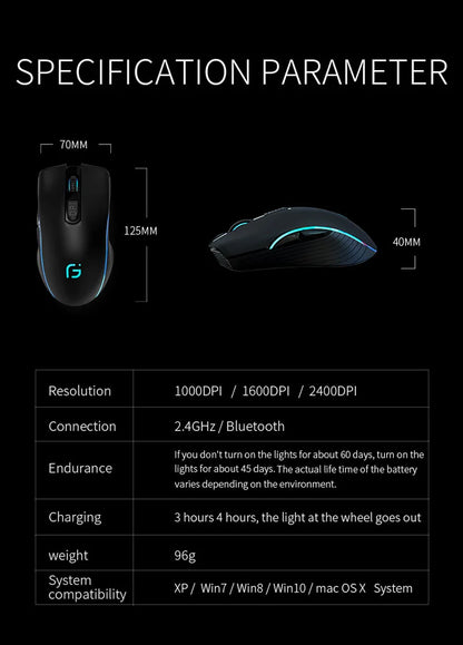Wireless Mouse Rechargeable Bluetooth Silent Ergonomic Computer 2400 DPI For iPad Mac Tablet Macbook Air Laptop PC Gaming Office