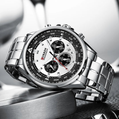Herrenuhr CURREN – Trendige Uhr einer bekannten Marke, Luxusmodell, wasserdicht, aus Edelstahl, sportlicher Stil, Quarz-Chronograph