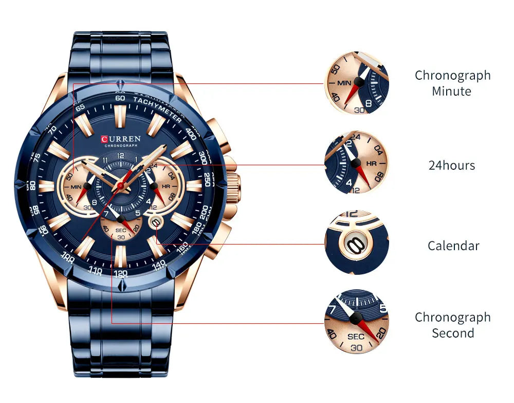 CURREN Men's Business Watch Luxury Brand Stainless Steel Wrist Watch Chronograph Army Military Quartz Watches