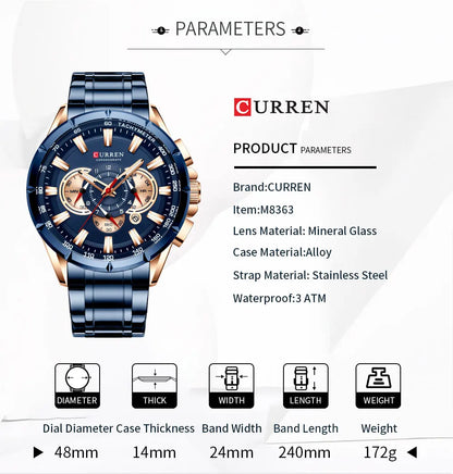 CURREN Men's Business Watch Luxury Brand Stainless Steel Wrist Watch Chronograph Army Military Quartz Watches