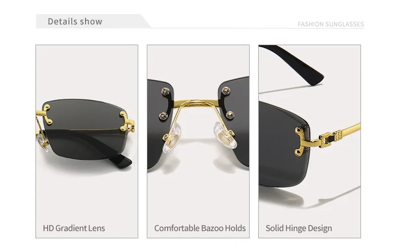HBK Square Rimless Sunglasses Women TOP Quality Retro Metal Sun Glasses Men Luxury Party Business Gradient Shades 2024
