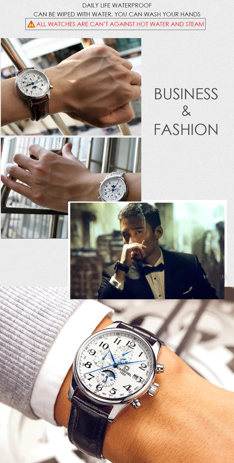Carnival Brand Automatic Watch, Fashion Luxury Waterproof Calendar with Moon Phase, Mechanical Watches for Men