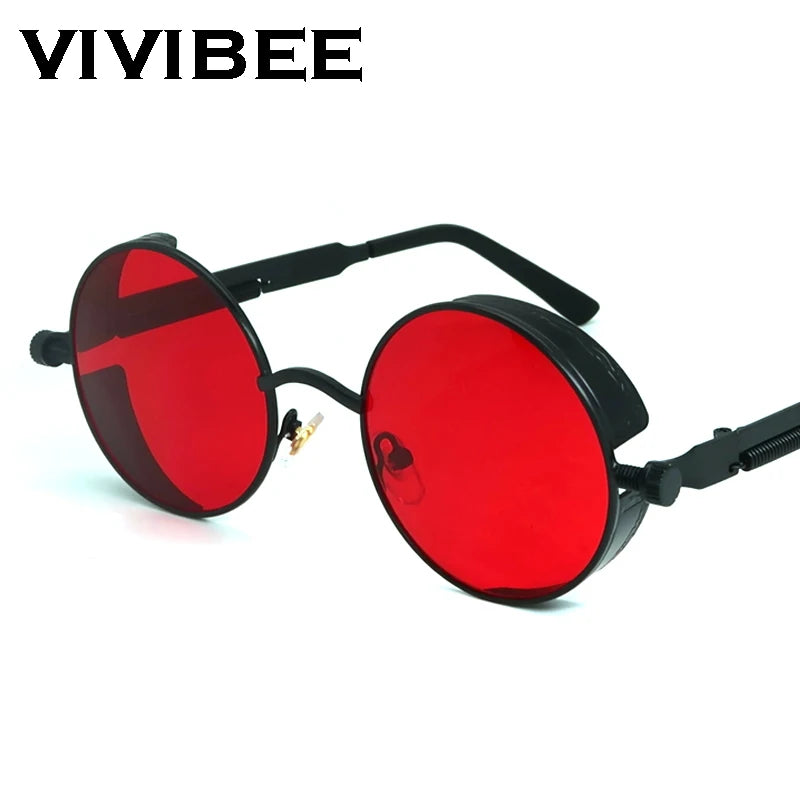 VIVIBEE Vintage steampunkové červené sluneční brýle pro muže, kulaté punkové brýle z kovové slitiny, retro sluneční brýle pro ženy, brýle v gotickém stylu