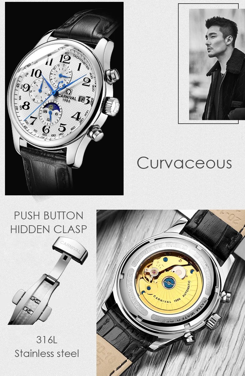 Carnival Brand Automatic Watch, Fashion Luxury Waterproof Calendar with Moon Phase, Mechanical Watches for Men