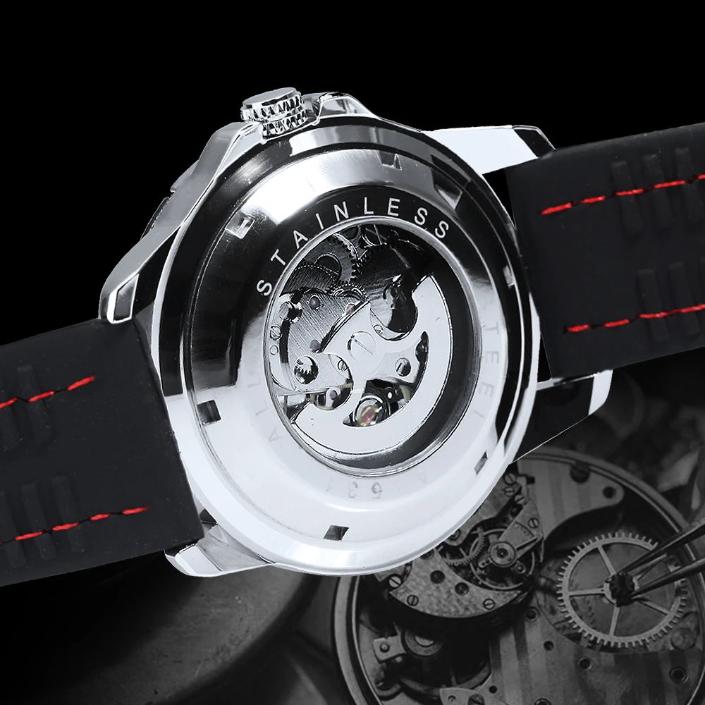 Vyrų automatinis laikrodis „WINNER“ – mechaninis skeletinis modelis, šviečiantys rodyklės, guminė apyrankė, sportiškas ir prabangus stilius, idealiai tinka veiklai lauke