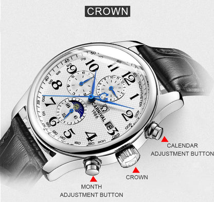 Carnival Brand Automatic Watch, Fashion Luxury Waterproof Calendar with Moon Phase, Mechanical Watches for Men