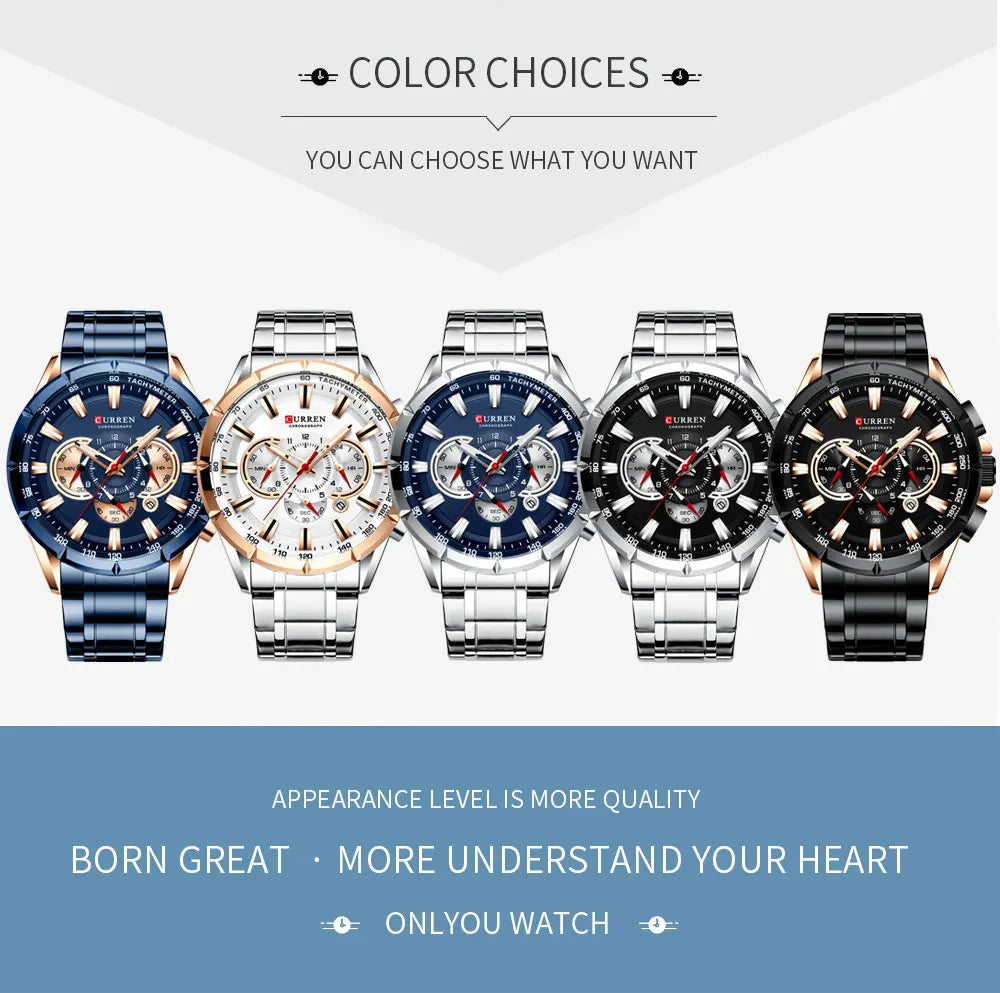 CURREN Men's Business Watch Luxury Brand Stainless Steel Wrist Watch Chronograph Army Military Quartz Watches