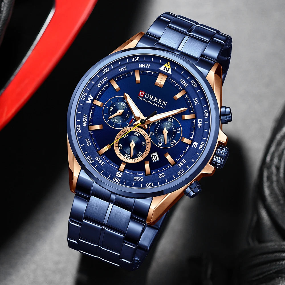 Herrenuhr CURREN – Trendige Uhr einer bekannten Marke, Luxusmodell, wasserdicht, aus Edelstahl, sportlicher Stil, Quarz-Chronograph