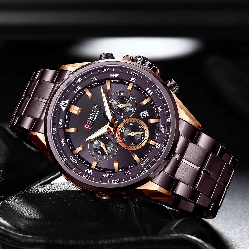 Herrenuhr CURREN – Trendige Uhr einer bekannten Marke, Luxusmodell, wasserdicht, aus Edelstahl, sportlicher Stil, Quarz-Chronograph